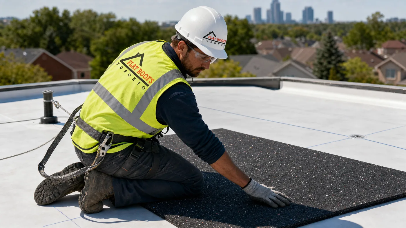 Flat Roofs Toronto worker installing flat roof walk pads foot traffic Toronto protection on a summer rooftop wearing full PPE safety gear