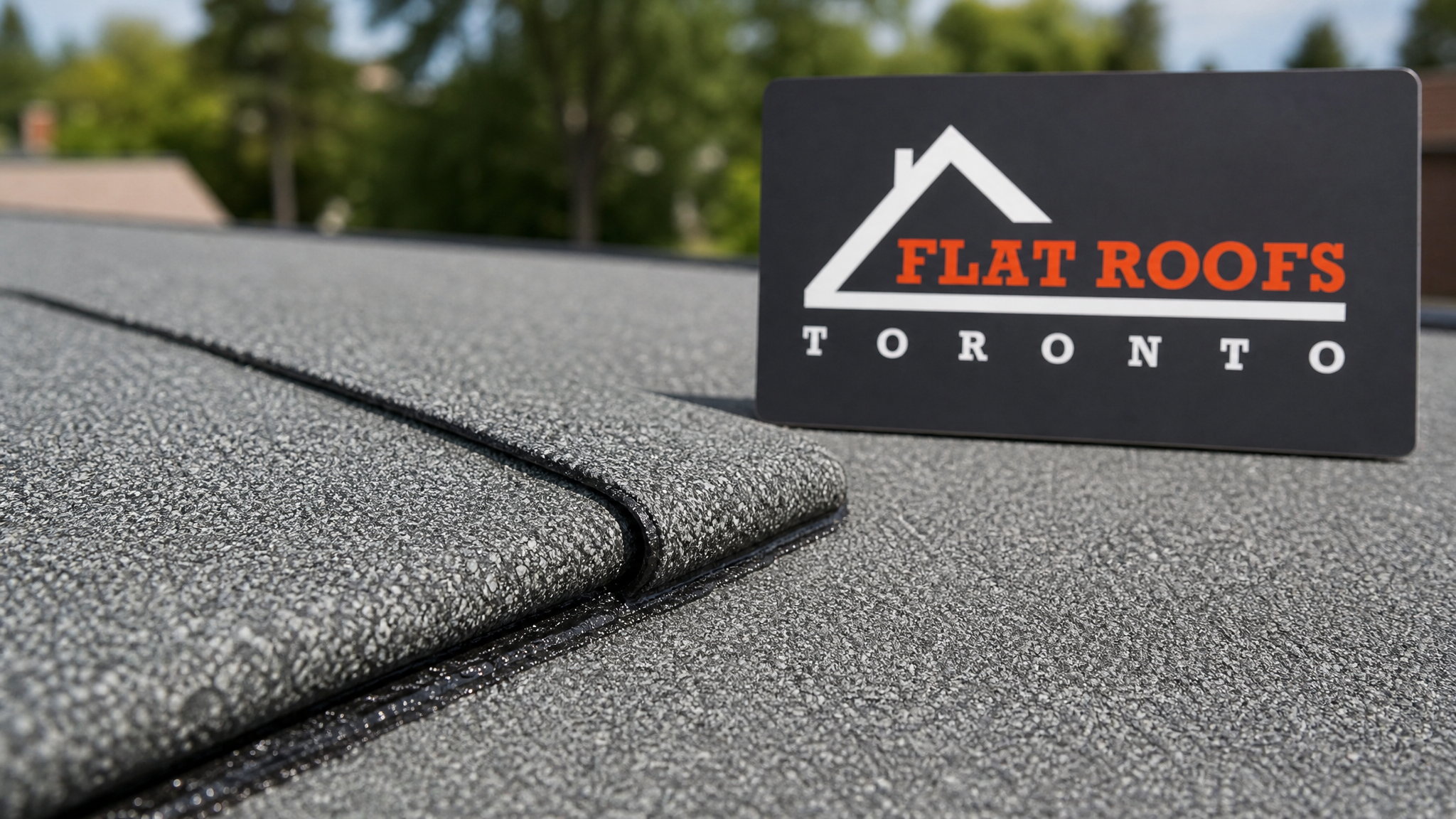 Close-up detail of self adhered modified bitumen flat roof Toronto seam and granule surface in summer daylight
