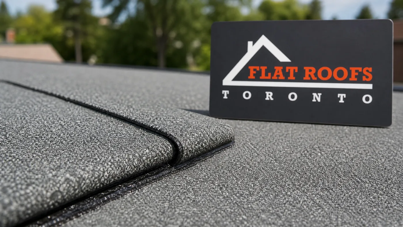 Close-up detail of self adhered modified bitumen flat roof Toronto seam and granule surface in summer daylight