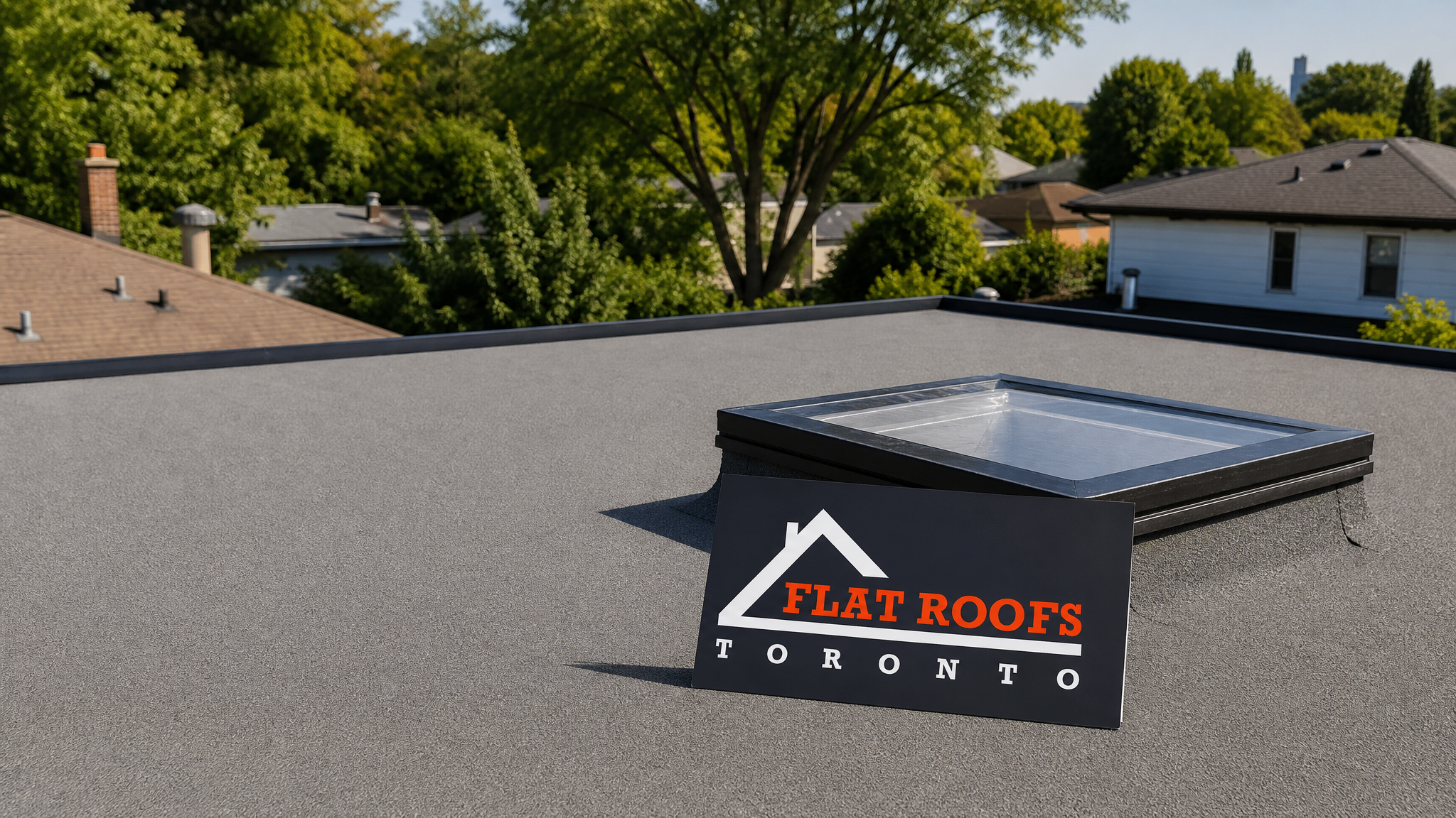 Completed self adhered modified bitumen flat roof Toronto installation on a suburban home in summer daylight