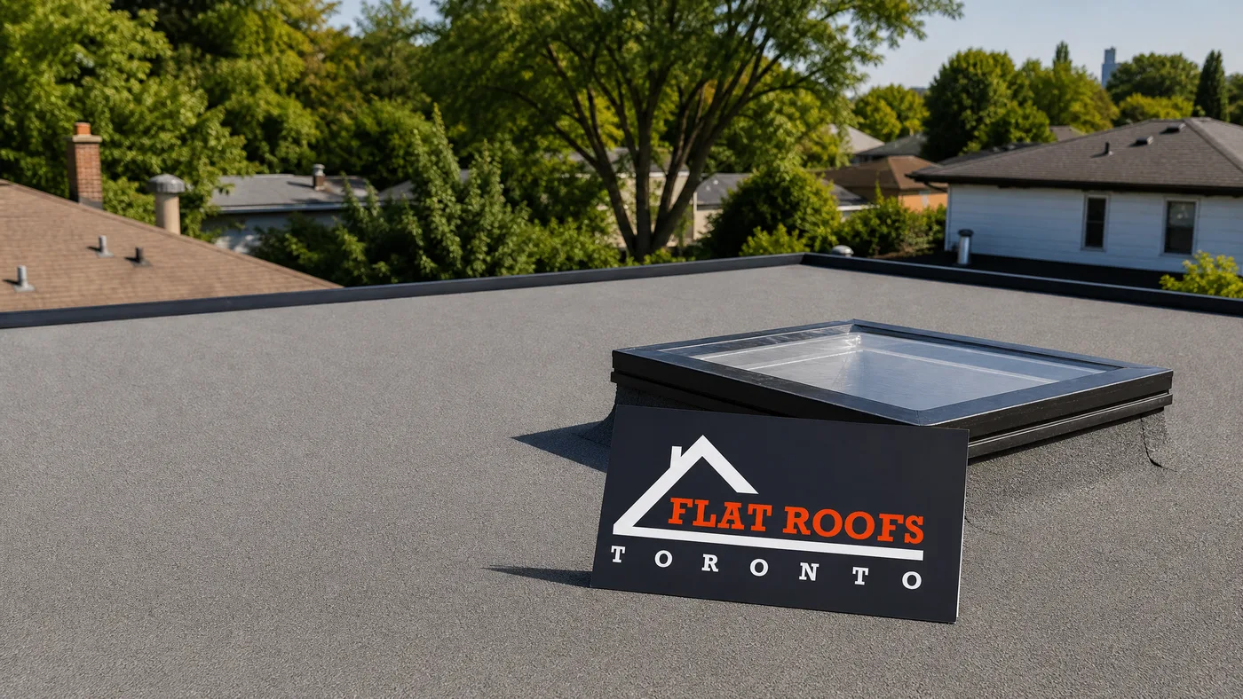 Completed self adhered modified bitumen flat roof Toronto installation on a suburban home in summer daylight
