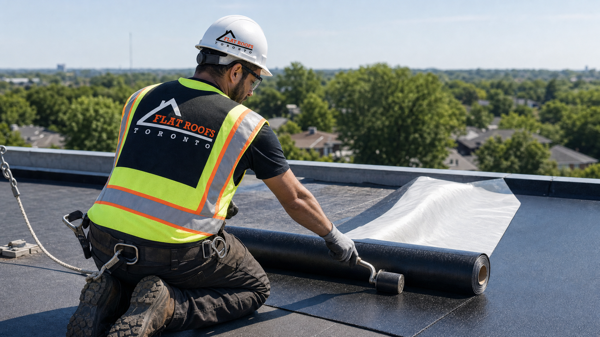 Flat Roofs Toronto worker installing self adhered modified bitumen membrane on a flat roof in summer