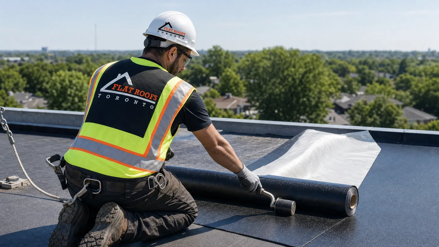 Flat Roofs Toronto worker installing self adhered modified bitumen membrane on a flat roof in summer