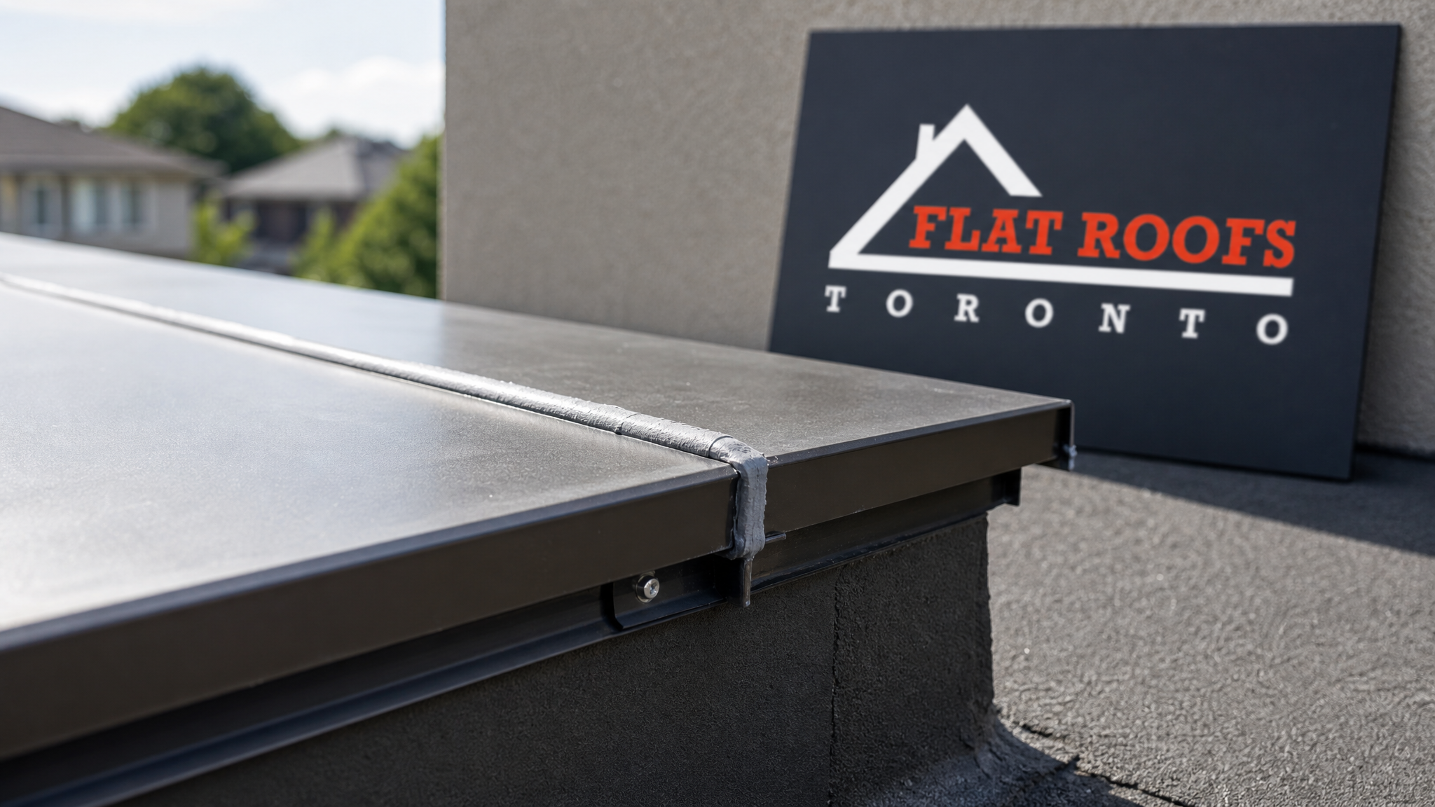 Close-up detail of ES-1 compliant coping joint and cleat on a Toronto flat roof showing correct lap and sealant application