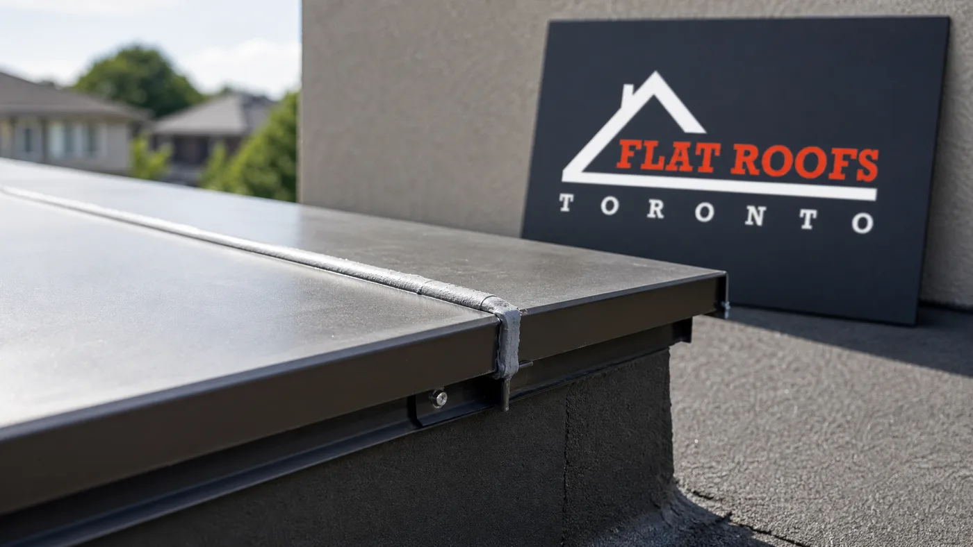 Close-up detail of ES-1 compliant coping joint and cleat on a Toronto flat roof showing correct lap and sealant application