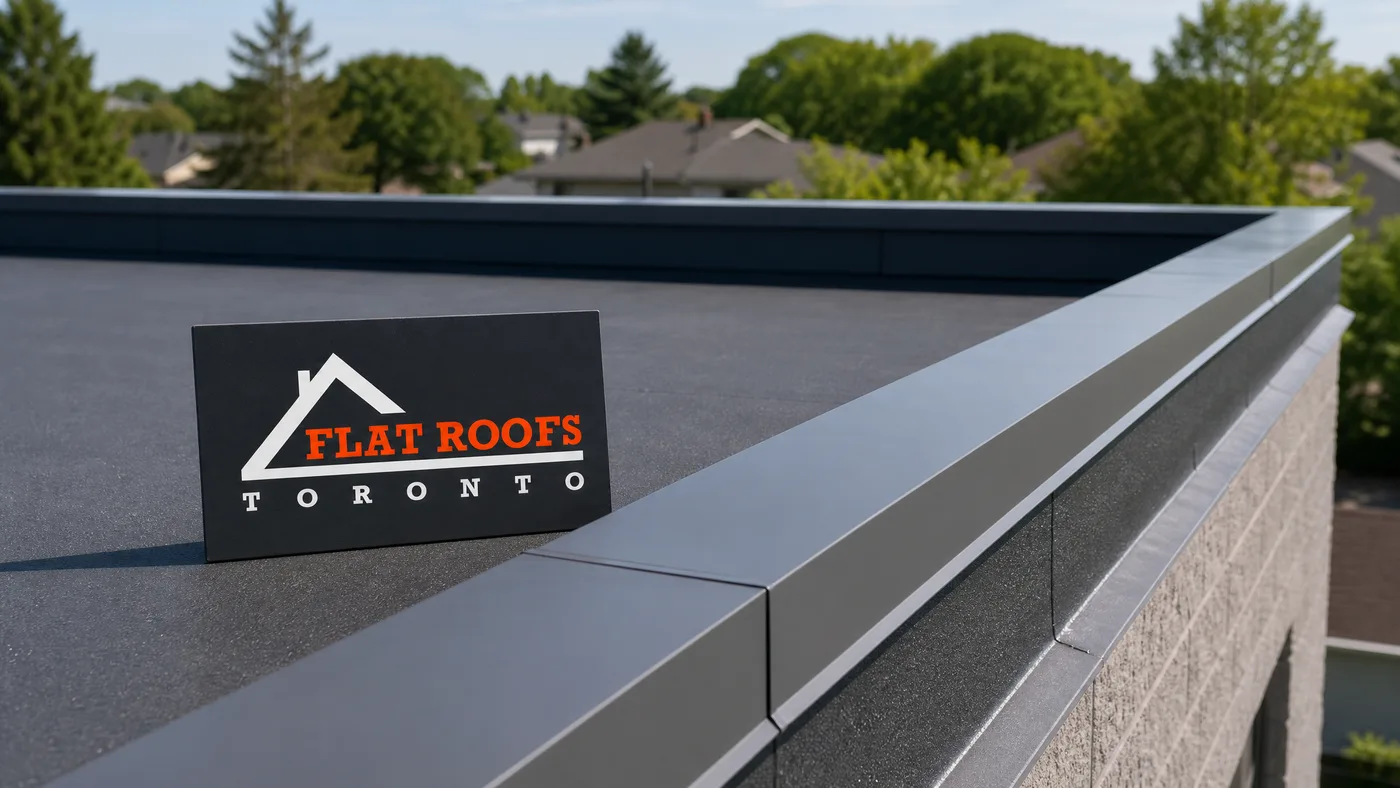 ES-1 compliant edge metal installation on a flat roof in Toronto showing finished drip edge and coping detail in summer daylight