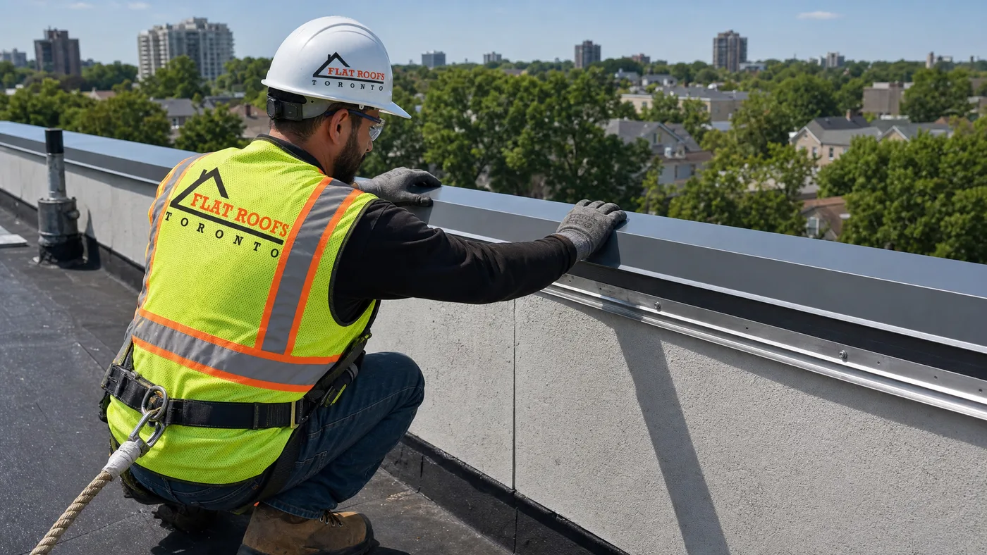 Flat Roofs Toronto worker in full PPE installing ES-1 compliant coping on a flat roof in Toronto summer