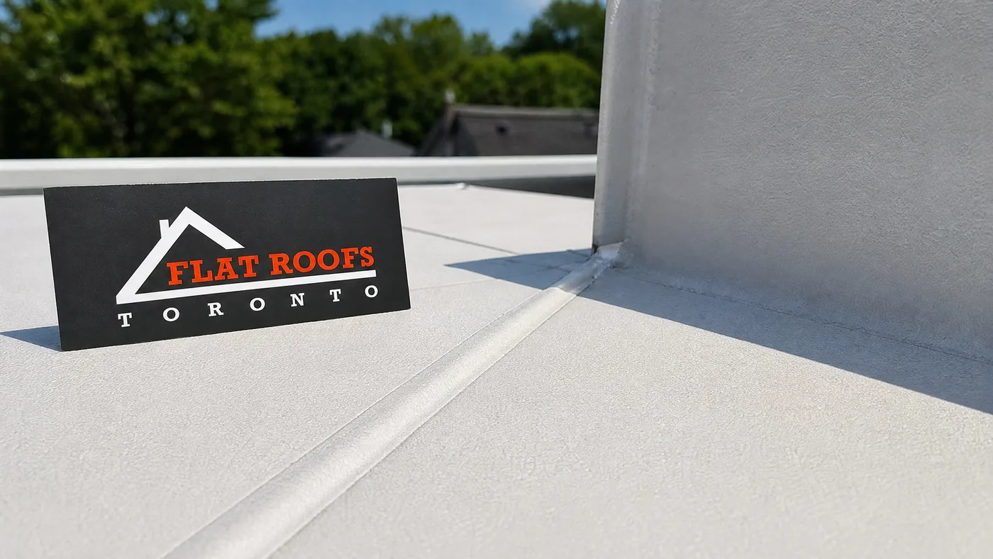 Close-up detail of TPO membrane heat-welded seam on Toronto flat roof re-roof project with branded placard visible