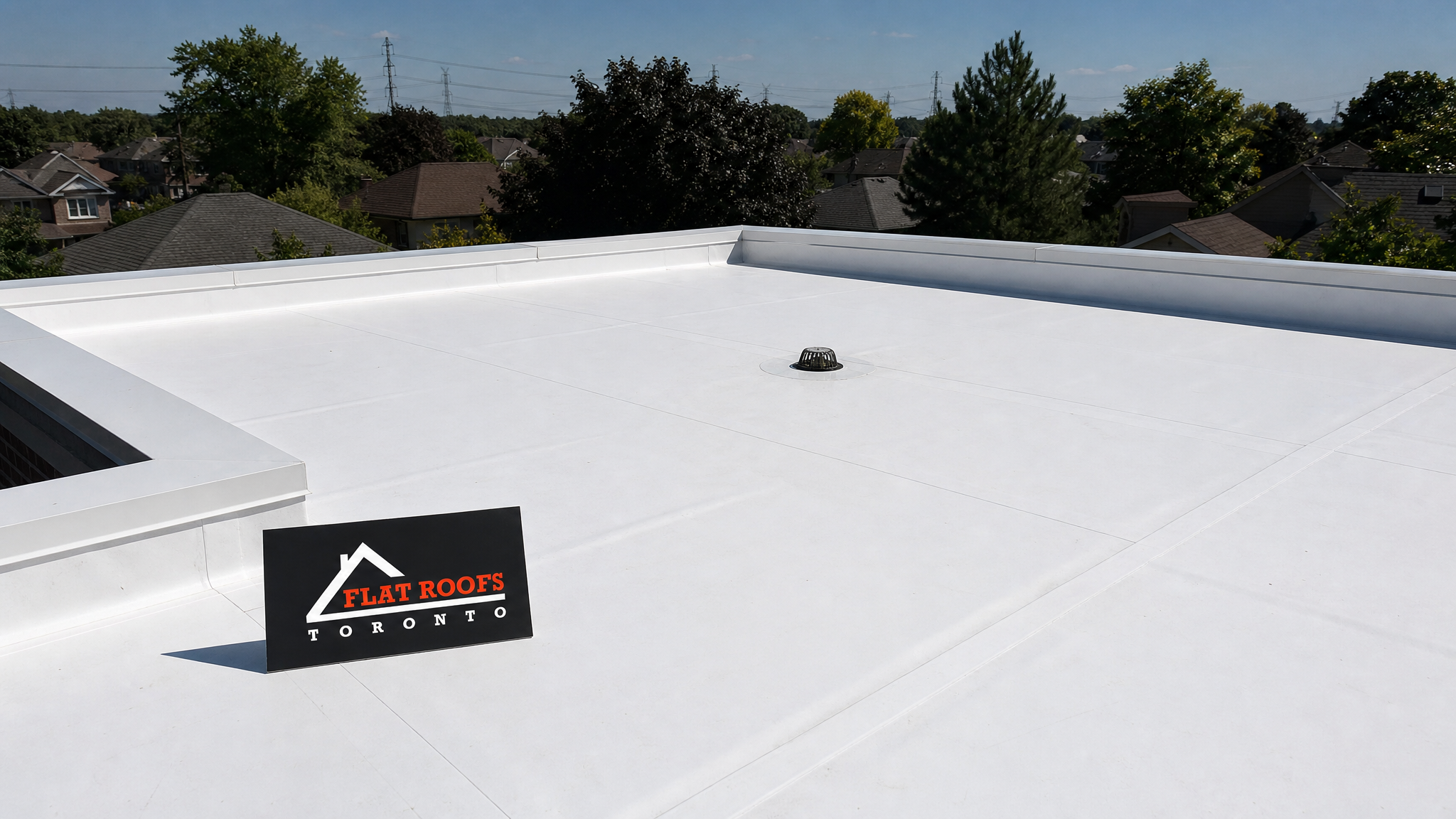 Re-roof vs recover flat roof Toronto comparison showing completed TPO membrane installation on a GTA residential building in summer daylight