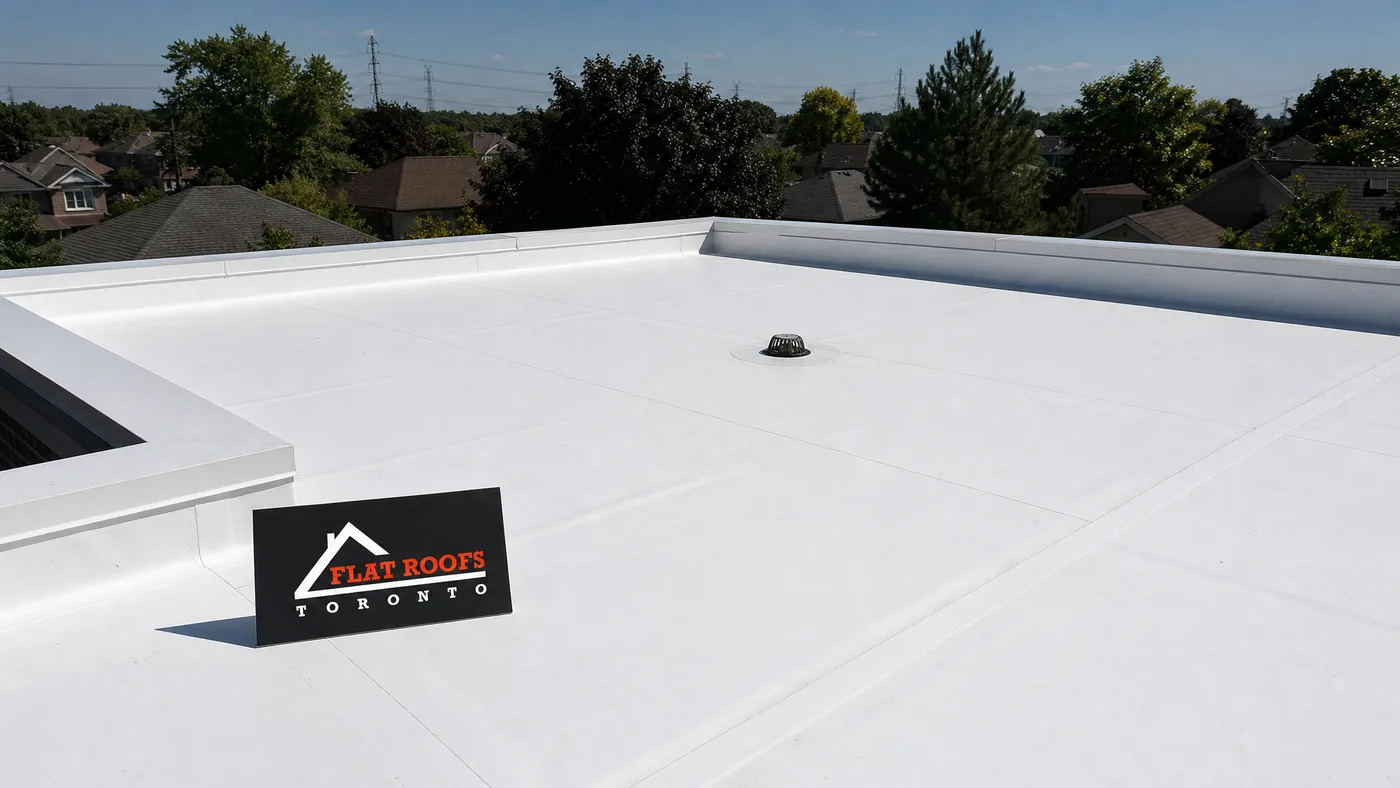 Re-roof vs recover flat roof Toronto comparison showing completed TPO membrane installation on a GTA residential building in summer daylight