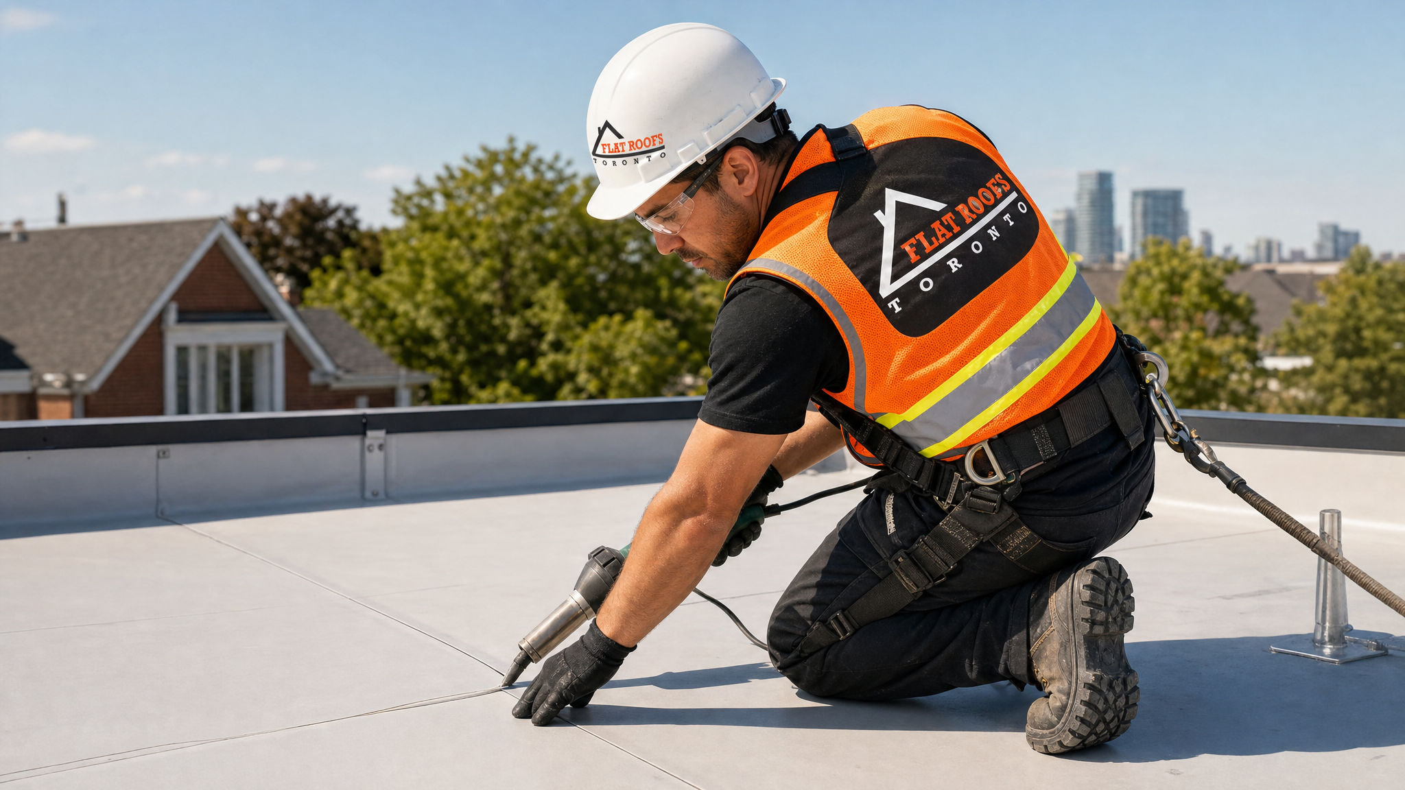 Flat Roofs Toronto roofer in full PPE performing membrane installation during re-roof vs recover flat roof Toronto project in summer