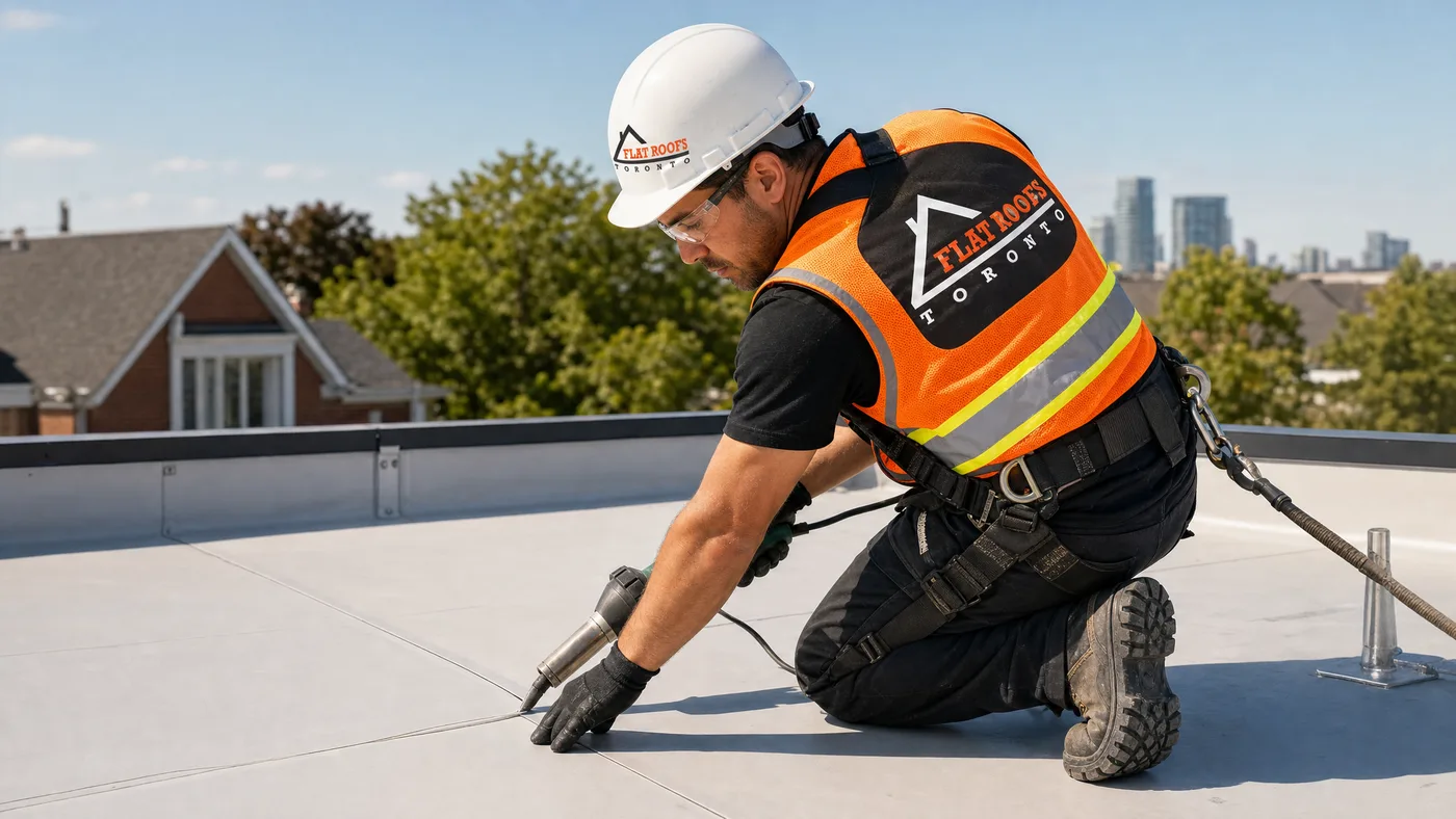 Flat Roofs Toronto roofer in full PPE performing membrane installation during re-roof vs recover flat roof Toronto project in summer