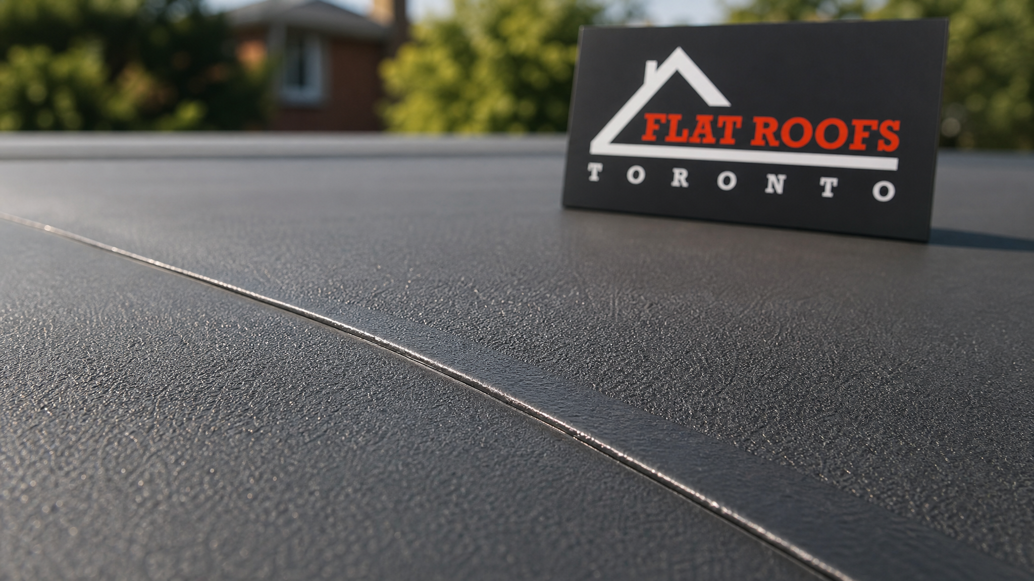 Close-up of a sealed membrane seam after flat roof blistering bubbling Toronto repair in summer