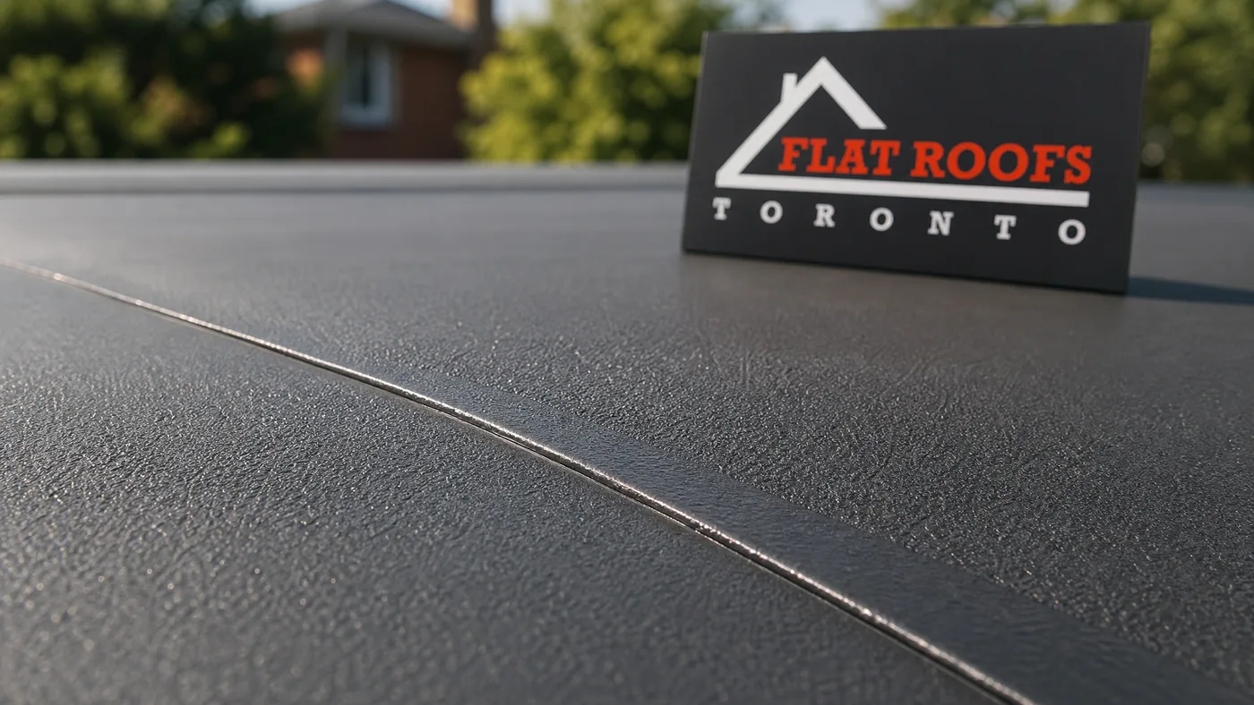 Close-up of a sealed membrane seam after flat roof blistering bubbling Toronto repair in summer