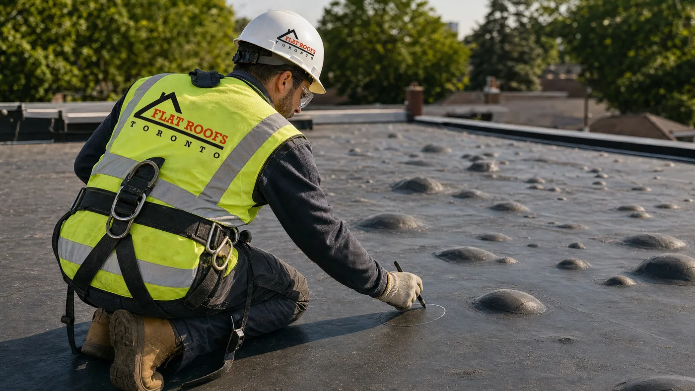 Roofer in full safety gear inspecting flat roof blistering bubbling Toronto membrane during summer repair