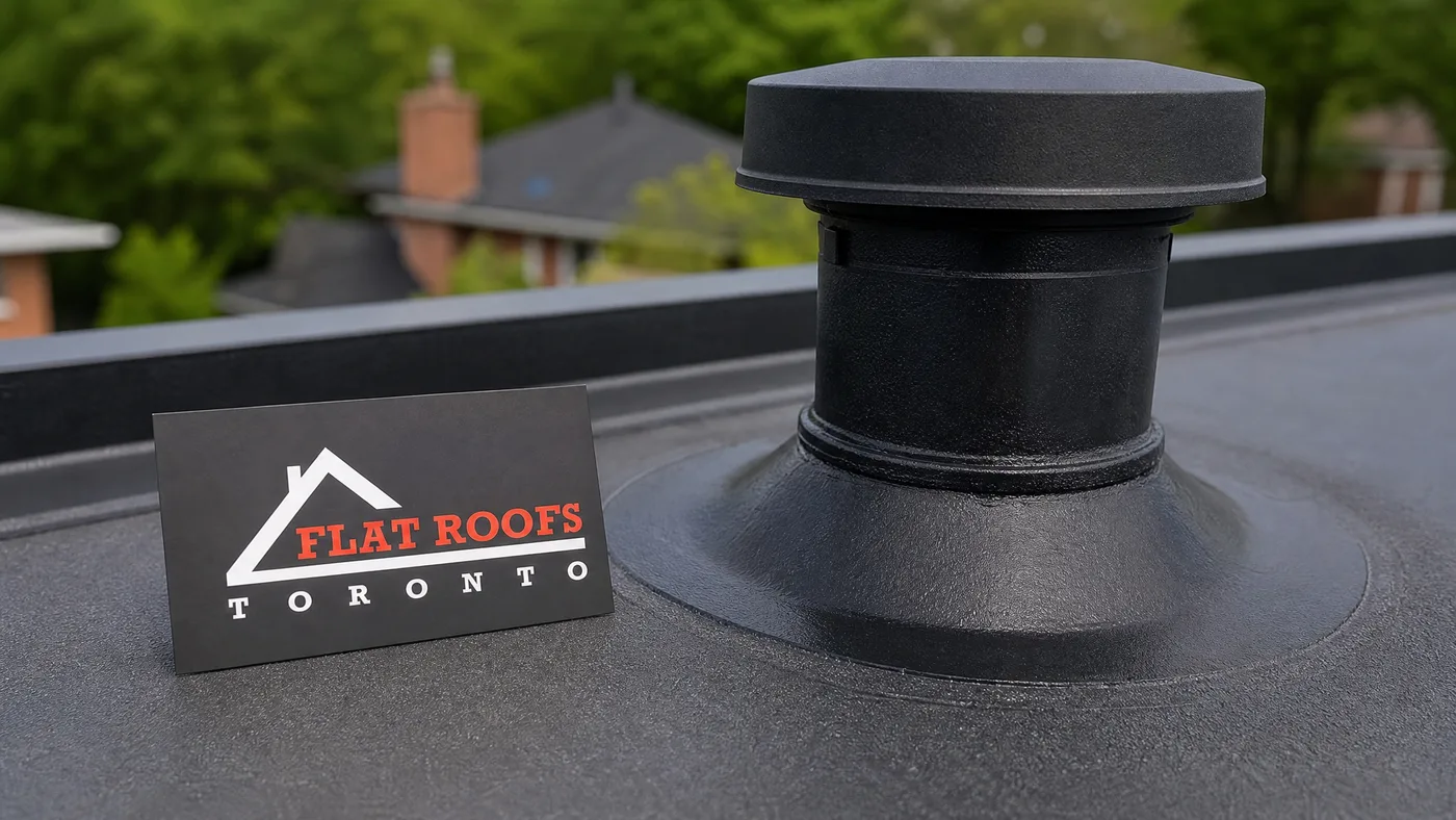 Close-up detail of a flat roof ventilation summer heat toronto breather vent and sealed membrane joint