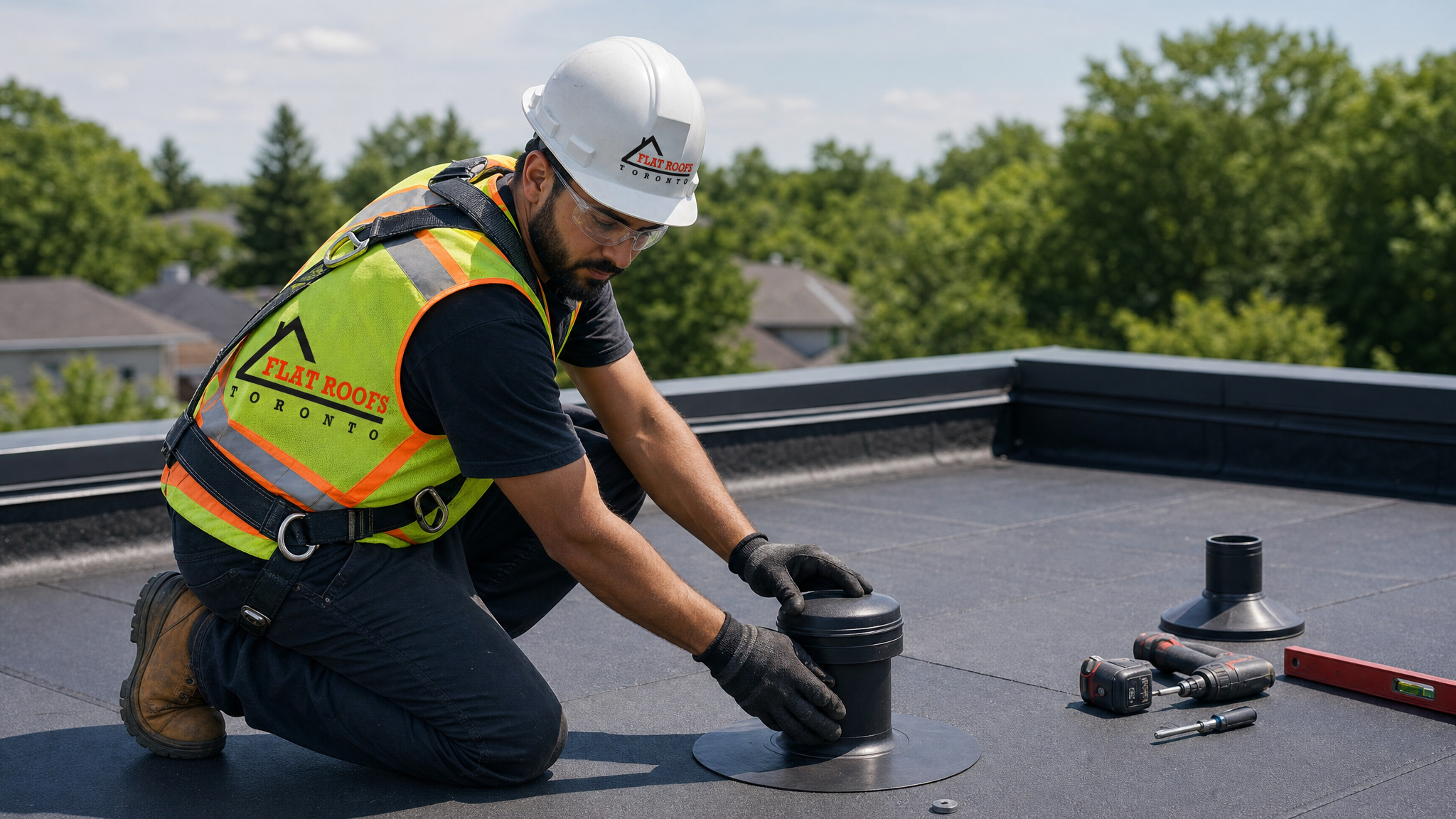 Roofing technician in full safety gear installing flat roof ventilation summer heat toronto components