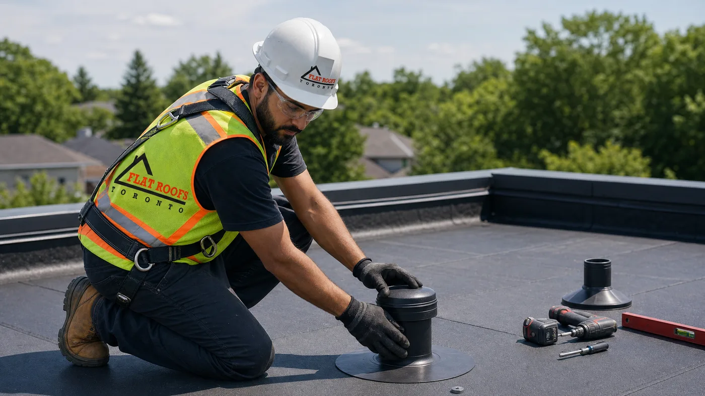 Roofing technician in full safety gear installing flat roof ventilation summer heat toronto components