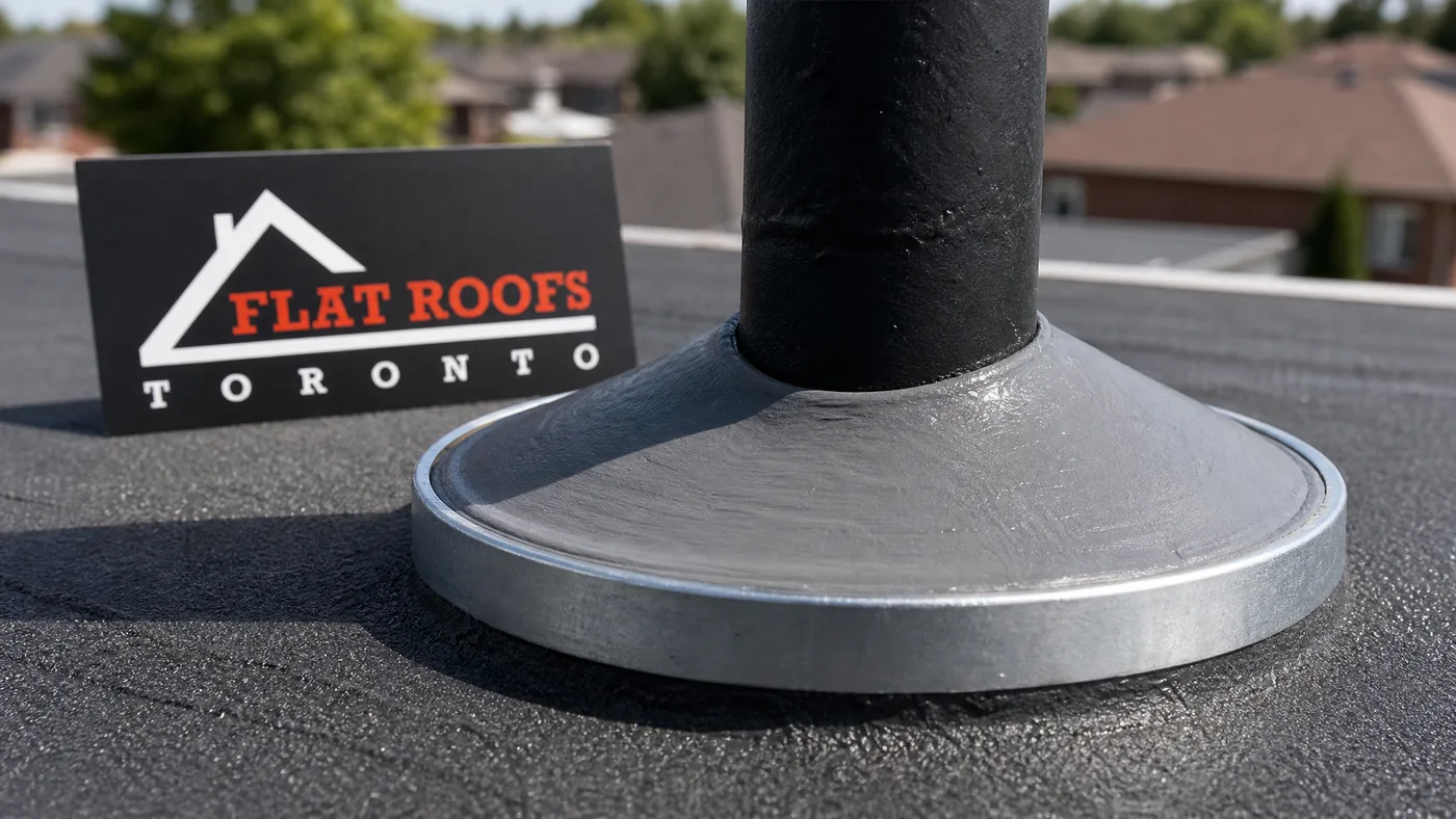 Close-up detail of a finished flat roof pitch pocket penetration toronto seal with crowned elastomeric fill