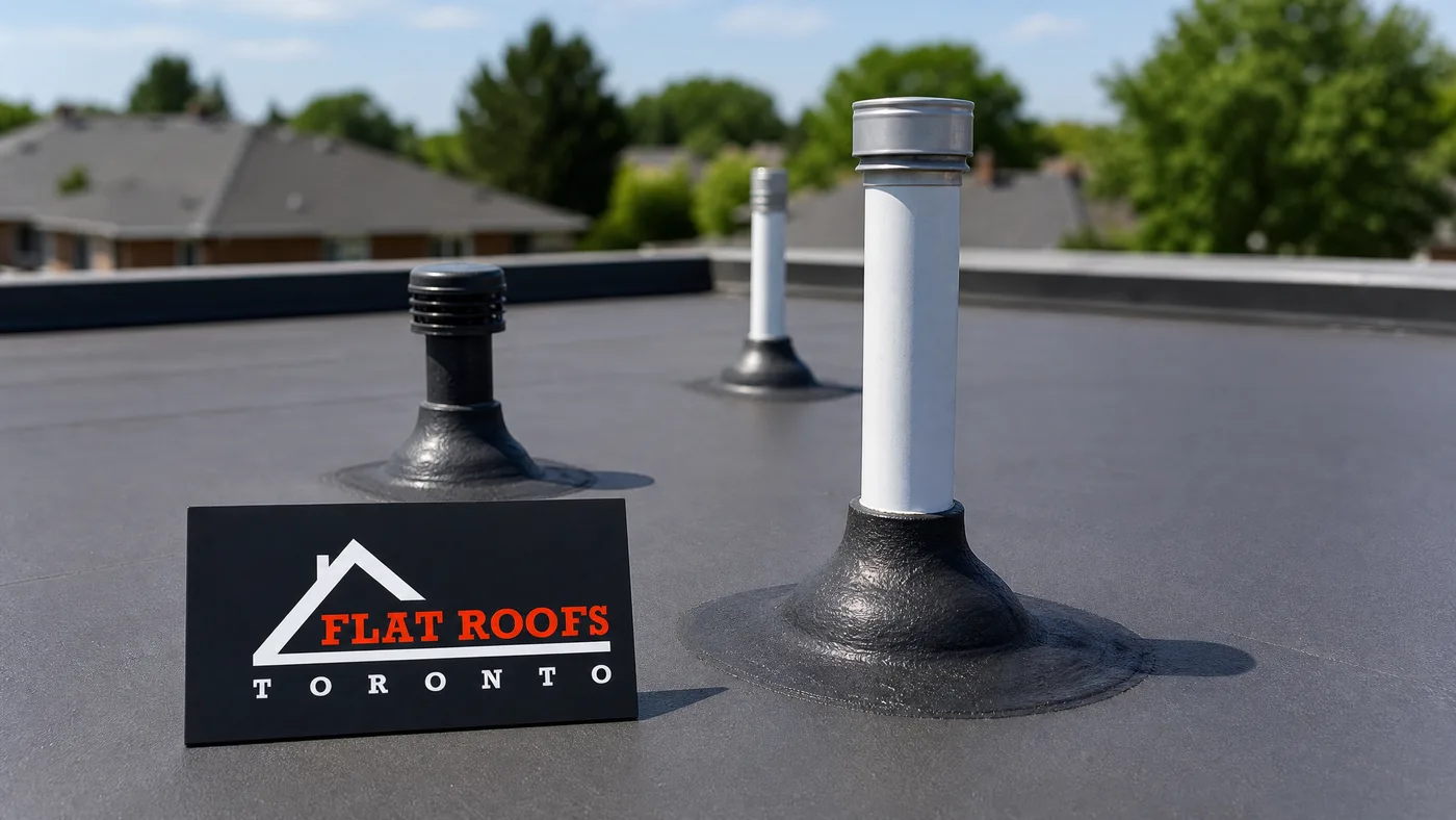 Completed flat roof pitch pocket penetration toronto sealing on a finished low-slope roof in summer daylight
