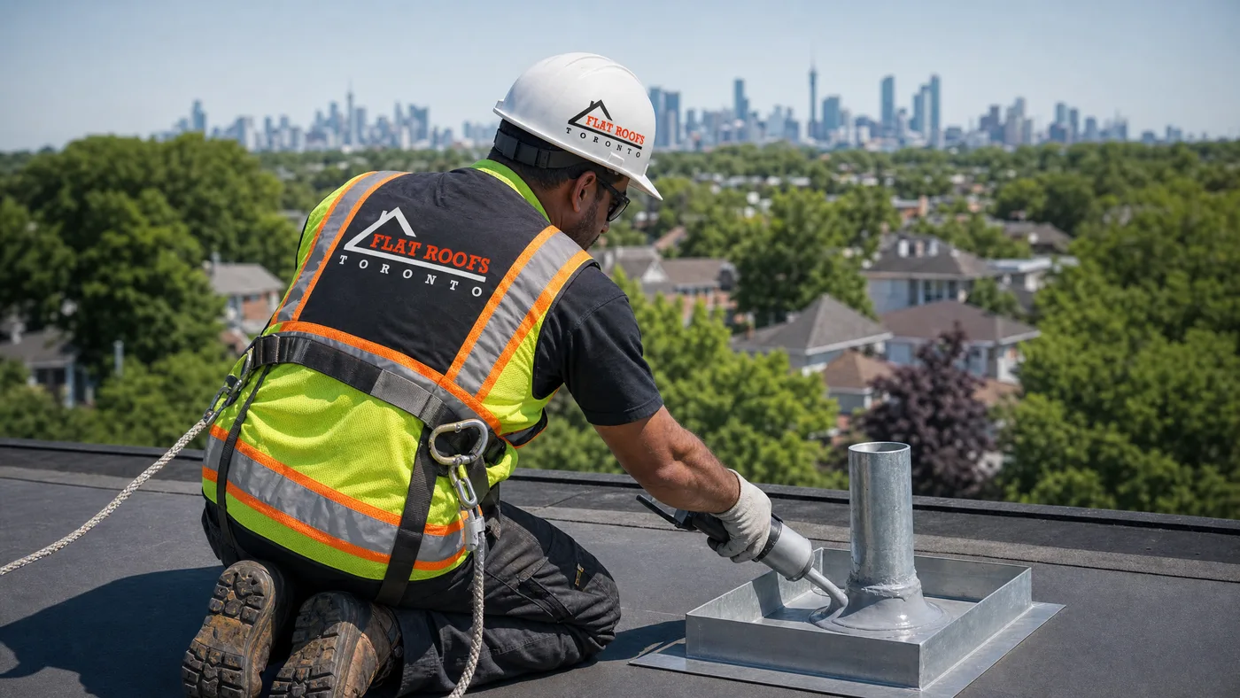 Roofer in full safety harness performing flat roof pitch pocket penetration toronto sealing on a low-slope roof