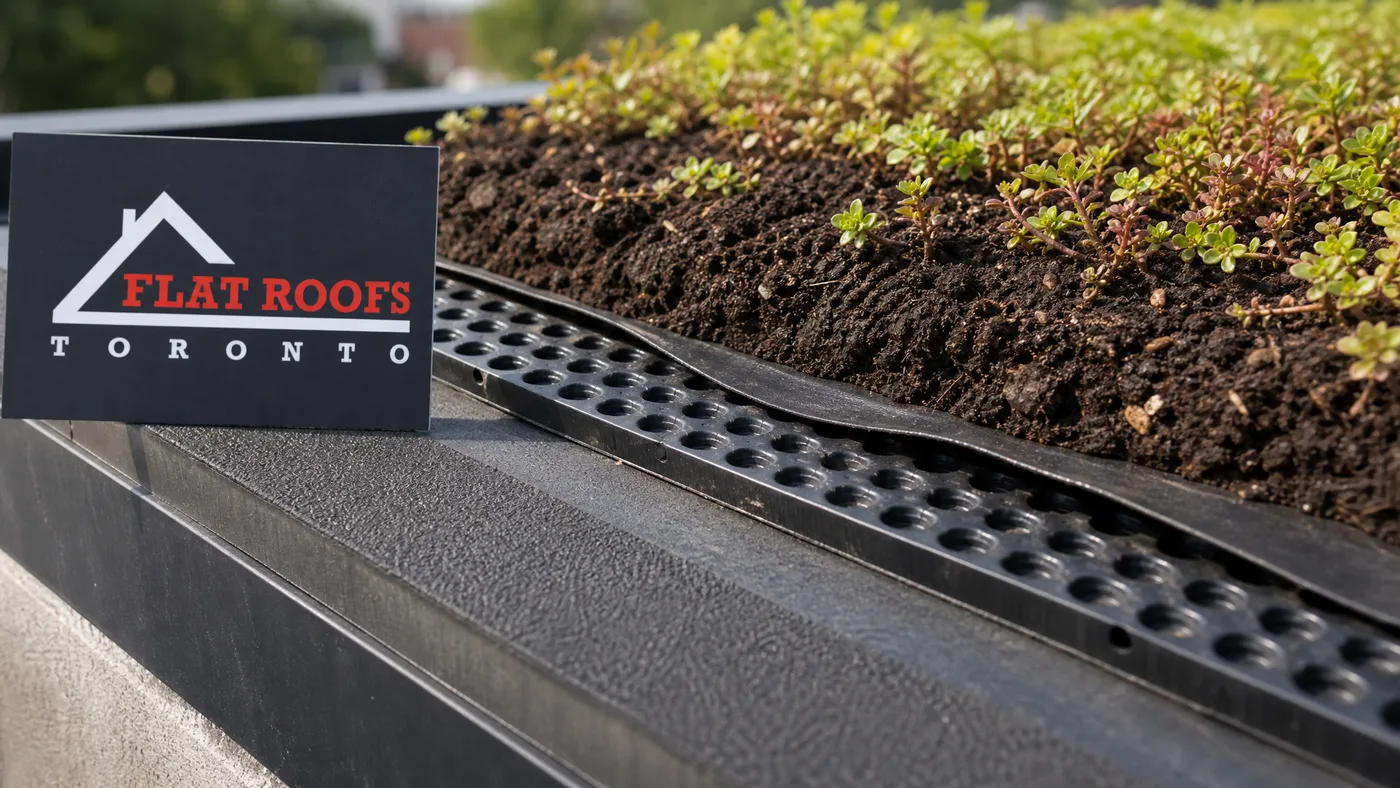 Close-up of a green roof drainage layer, root barrier, and sedum growing medium detail on a Toronto flat roof