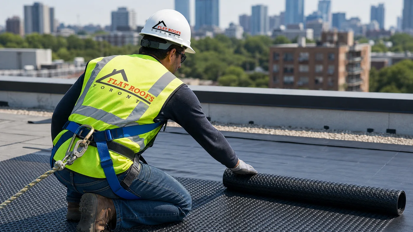 Roofer in full safety gear installing a root barrier and drainage layer on a Toronto flat roof for a green roof system