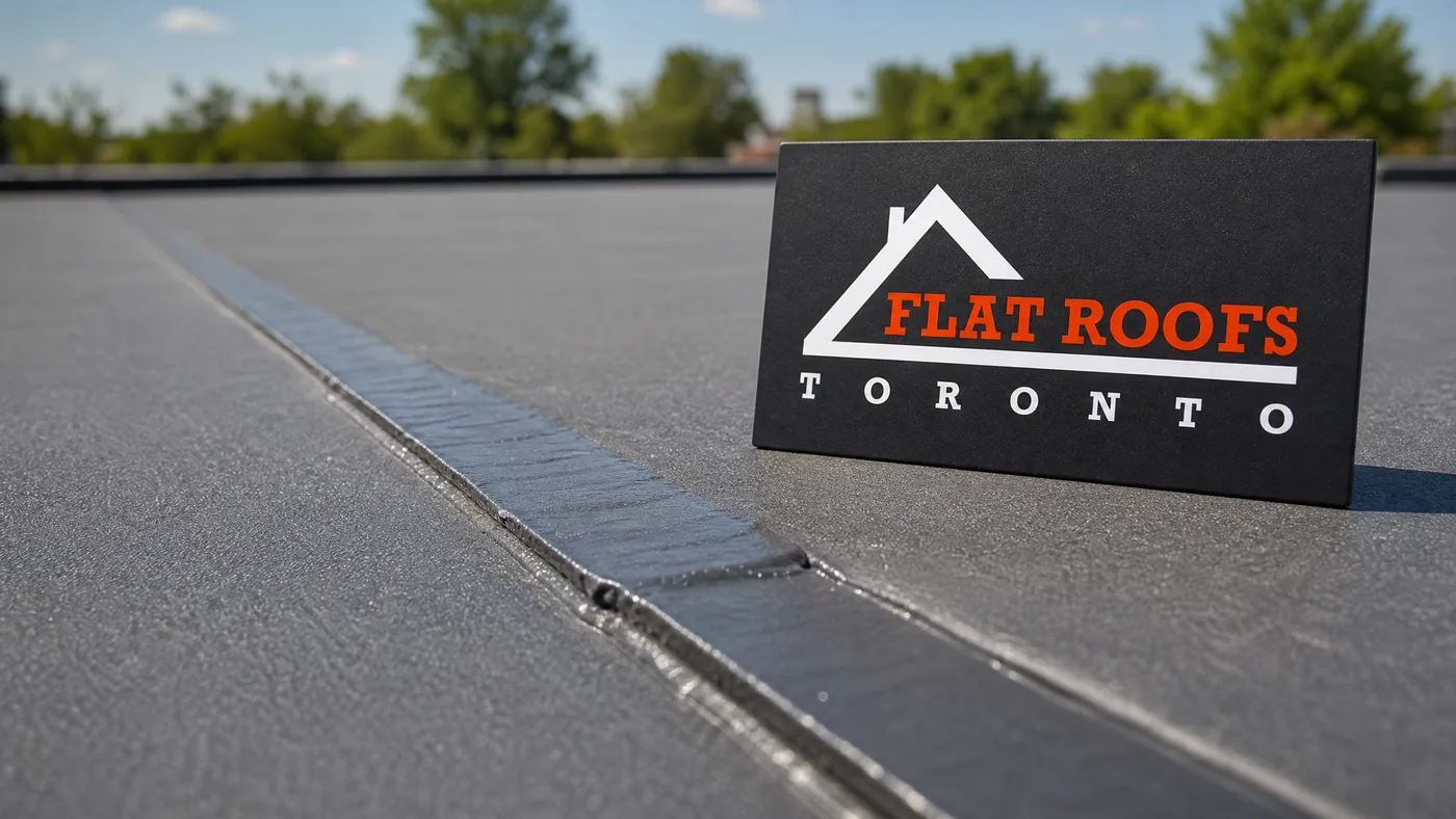 Close-up detail of a repaired flat roof membrane seam showing clean weld line and reinforced edge