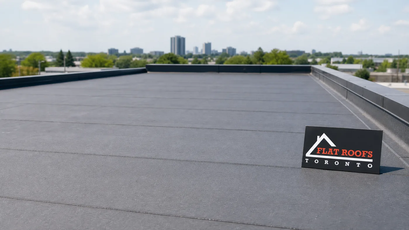 Wide establishing view of a Toronto flat roof membrane surface showing seam lines under summer daylight