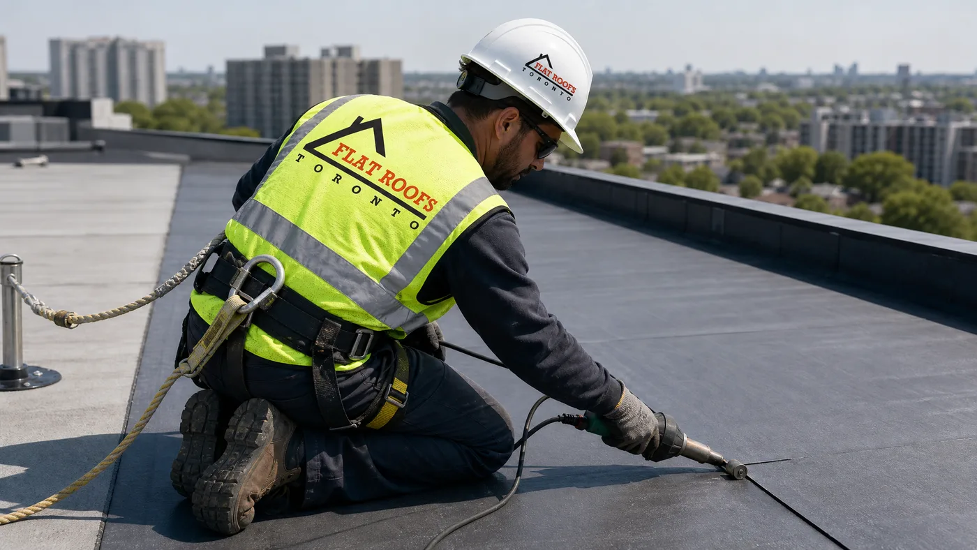 Roofing technician in full safety gear heat-welding a flat roof membrane seam on a Toronto rooftop