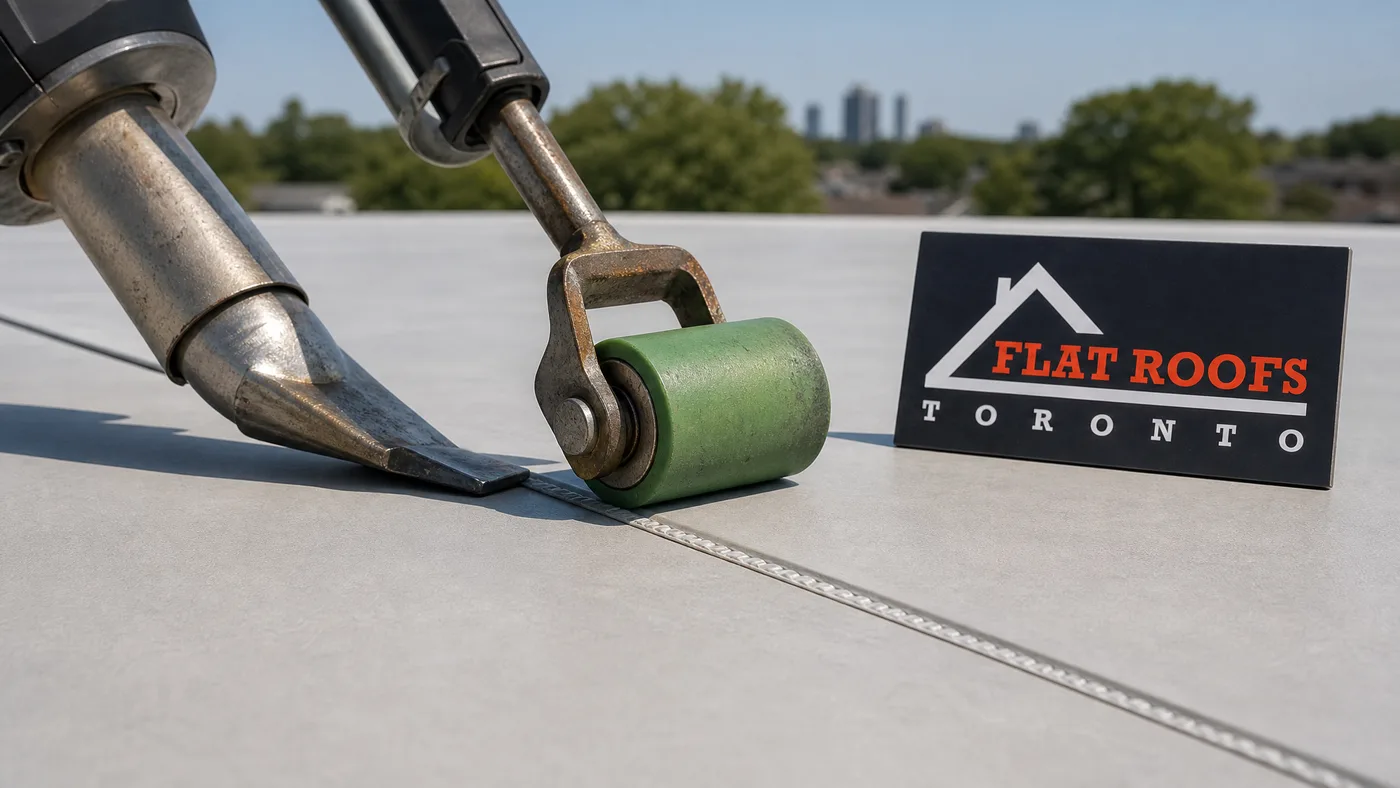 Close-up of a TPO membrane seam being heat-welded on a Toronto flat roof with a small Flat Roofs Toronto sign placard nearby