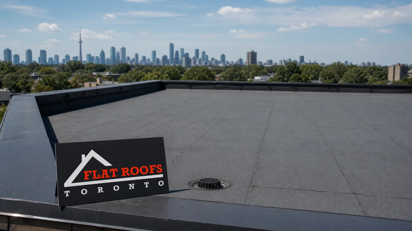 Wide establishing view of a flat commercial roof in Toronto during summer daylight with a small Flat Roofs Toronto sign placard