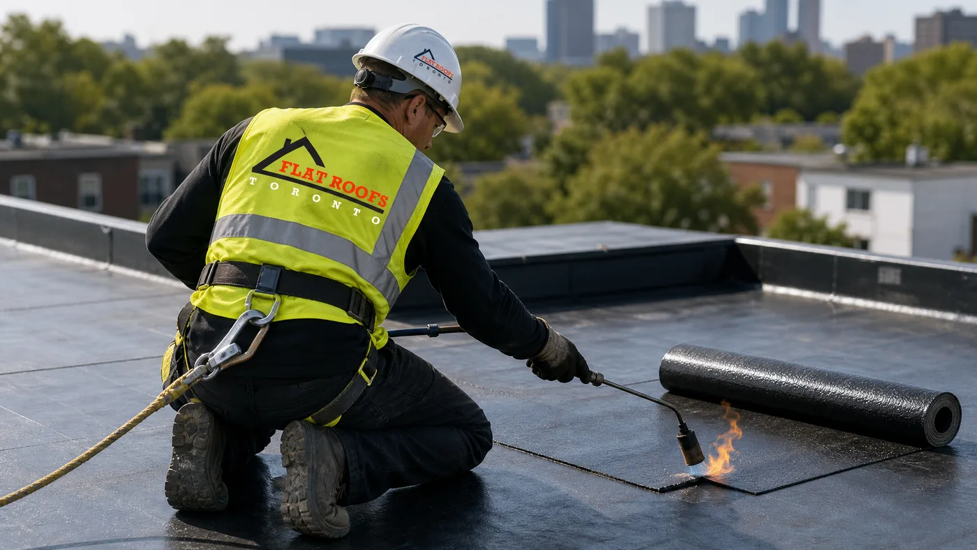 Roofer wearing full safety harness and PPE torching down a modified bitumen membrane on a flat roof in Toronto