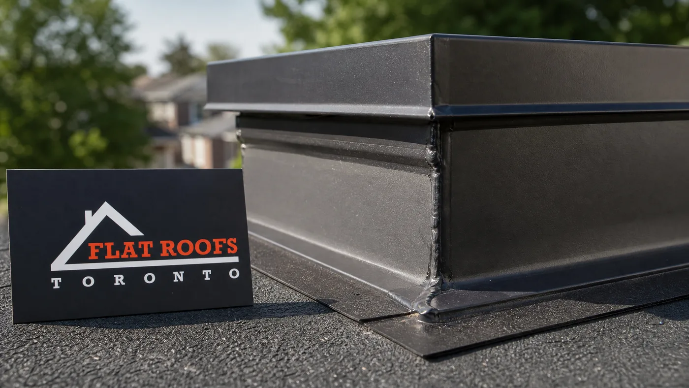 Close-up of a newly sealed flat roof skylight flashing corner joint with fresh membrane weld