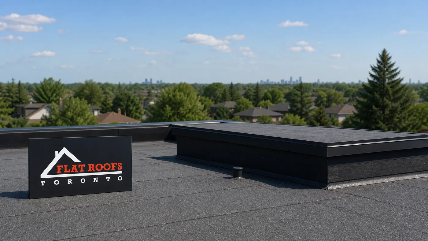 Wide establishing view of a flat roof skylight with visible flashing details on a Toronto rooftop
