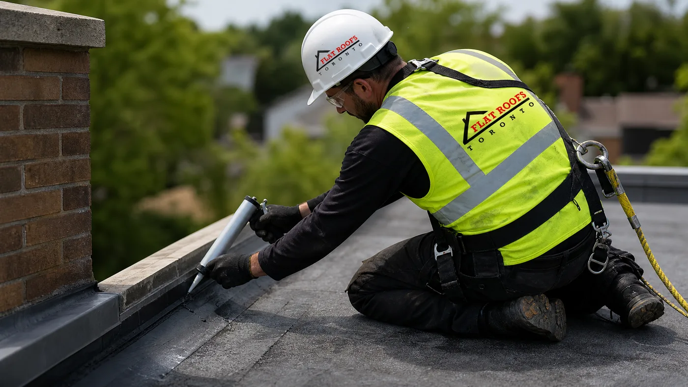 Roofer wearing full safety harness inspecting and resealing flashing around a flat roof skylight in Toronto