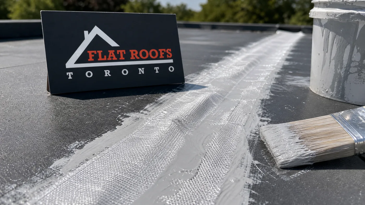 Close-up of a seam on a flat roof membrane being reinforced with fabric before reflective coating is applied, small Flat Roofs Toronto sign nearby