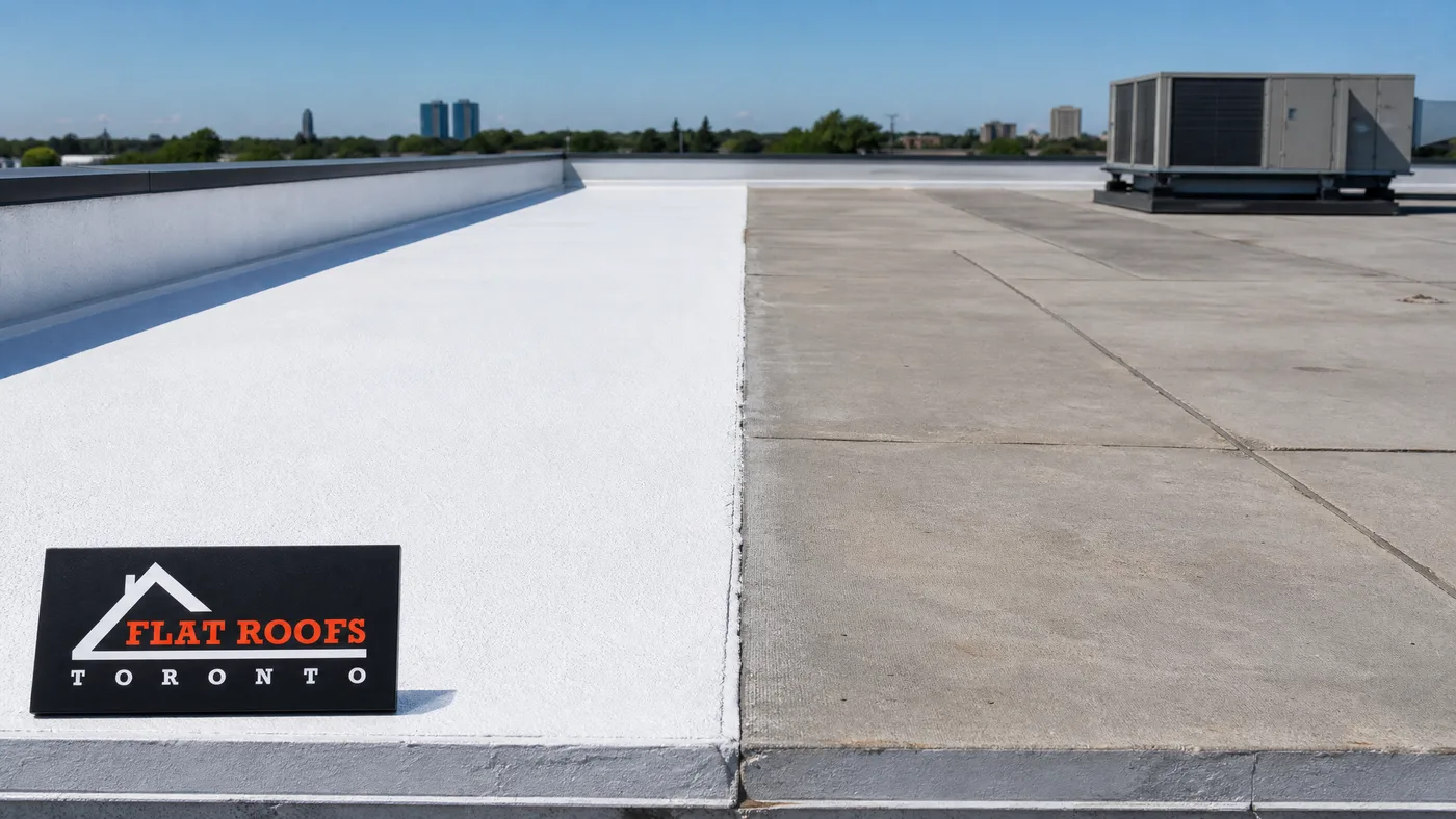 Wide establishing view of a Toronto flat roof showing a reflective white coating on one section and an existing membrane on the other, summer daylight