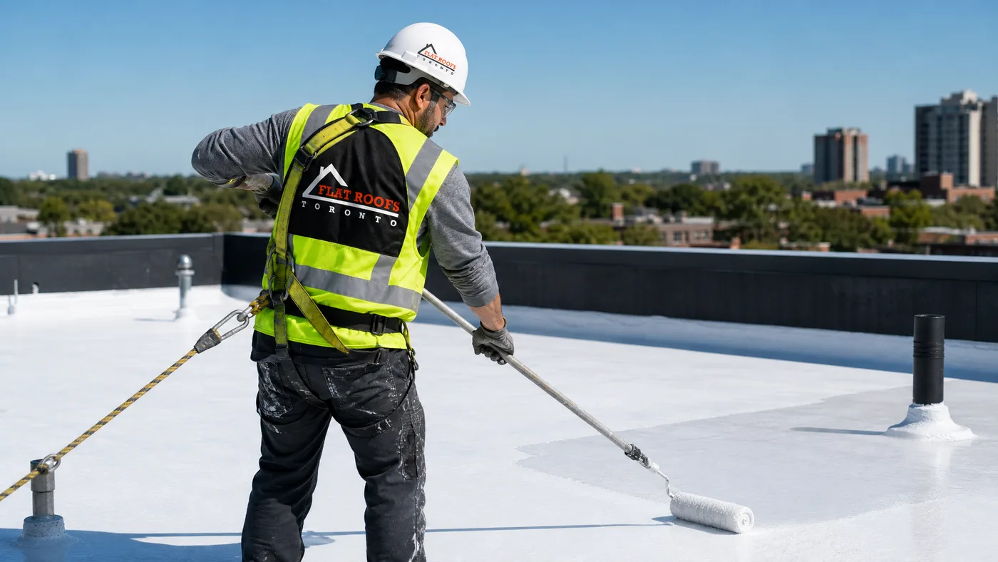 Roofer wearing full safety gear applying reflective coating with a roller on a Toronto flat roof in summer daylight