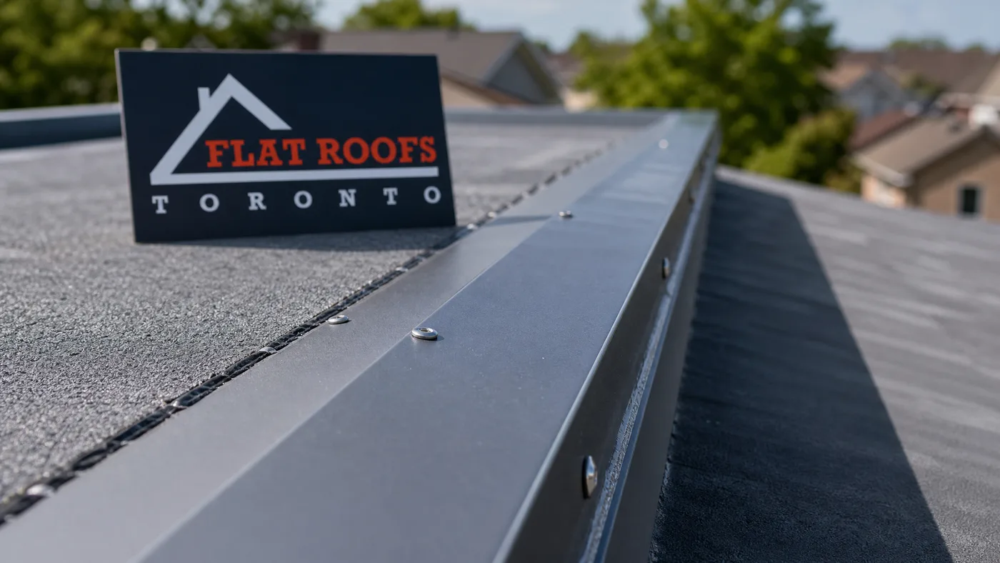 Close-up detail of new metal gravel stop flashing seam and fasteners along a flat roof edge in Toronto
