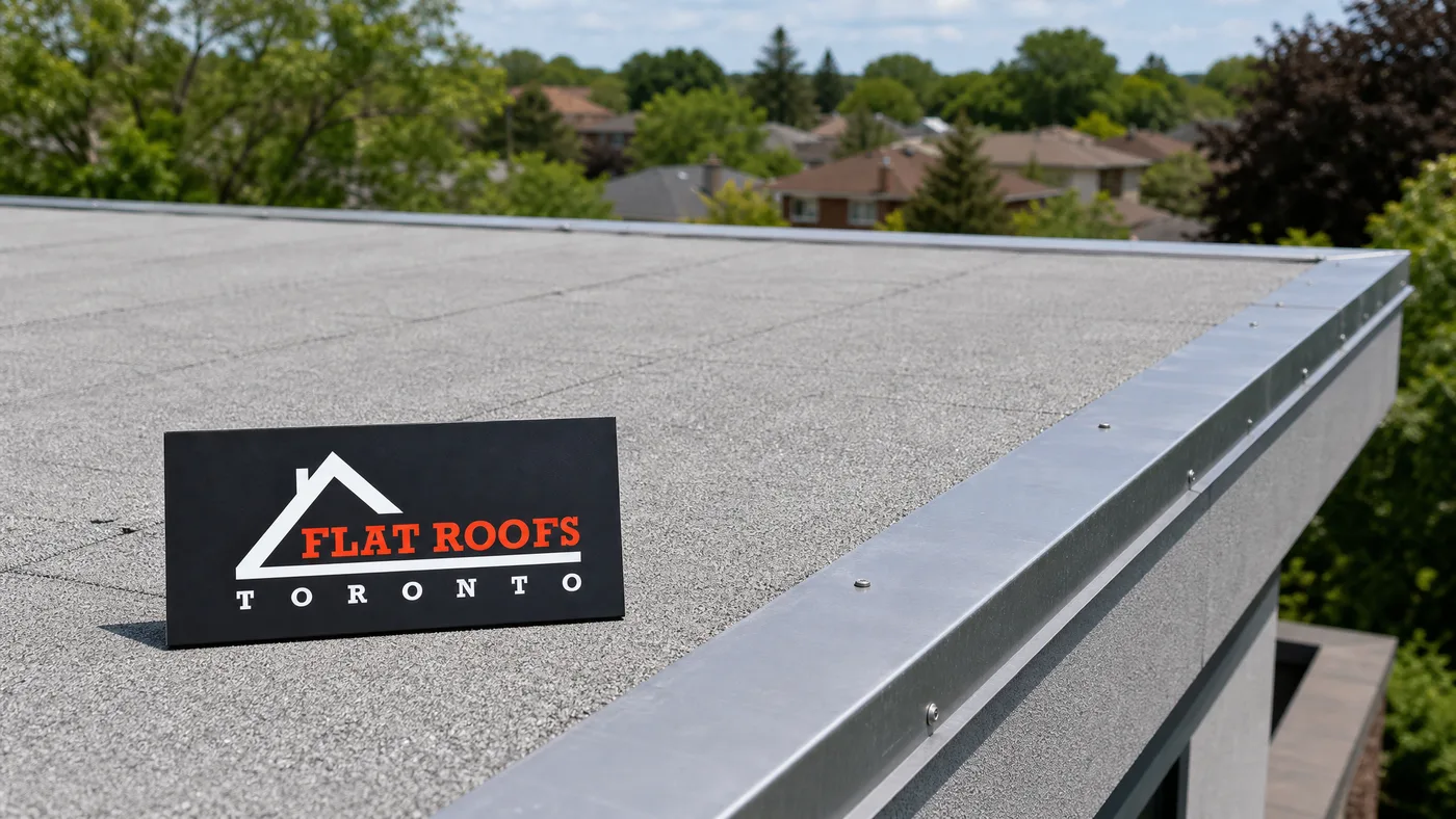 Wide establishing view of a Toronto flat roof edge showing metal gravel stop flashing along the perimeter in summer daylight