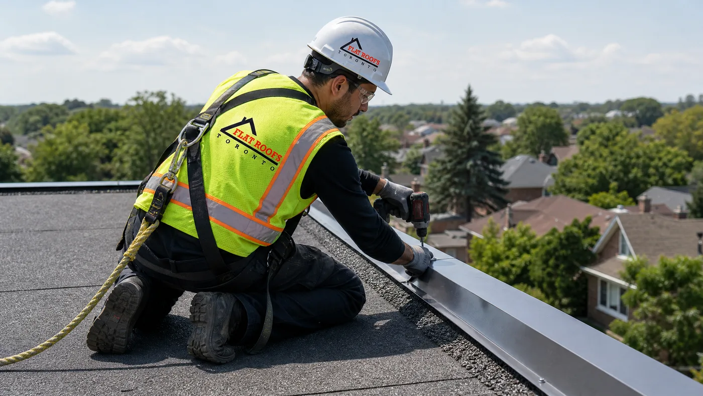 Roofing technician wearing full safety harness and PPE installing new edge metal flashing along a flat roof perimeter in Toronto
