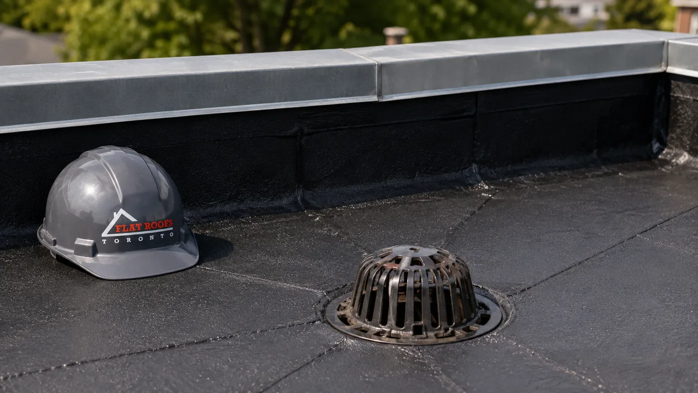 Close detail of flat roofing Peel Region membrane seam, parapet flashing and roof drain on a low-slope roof