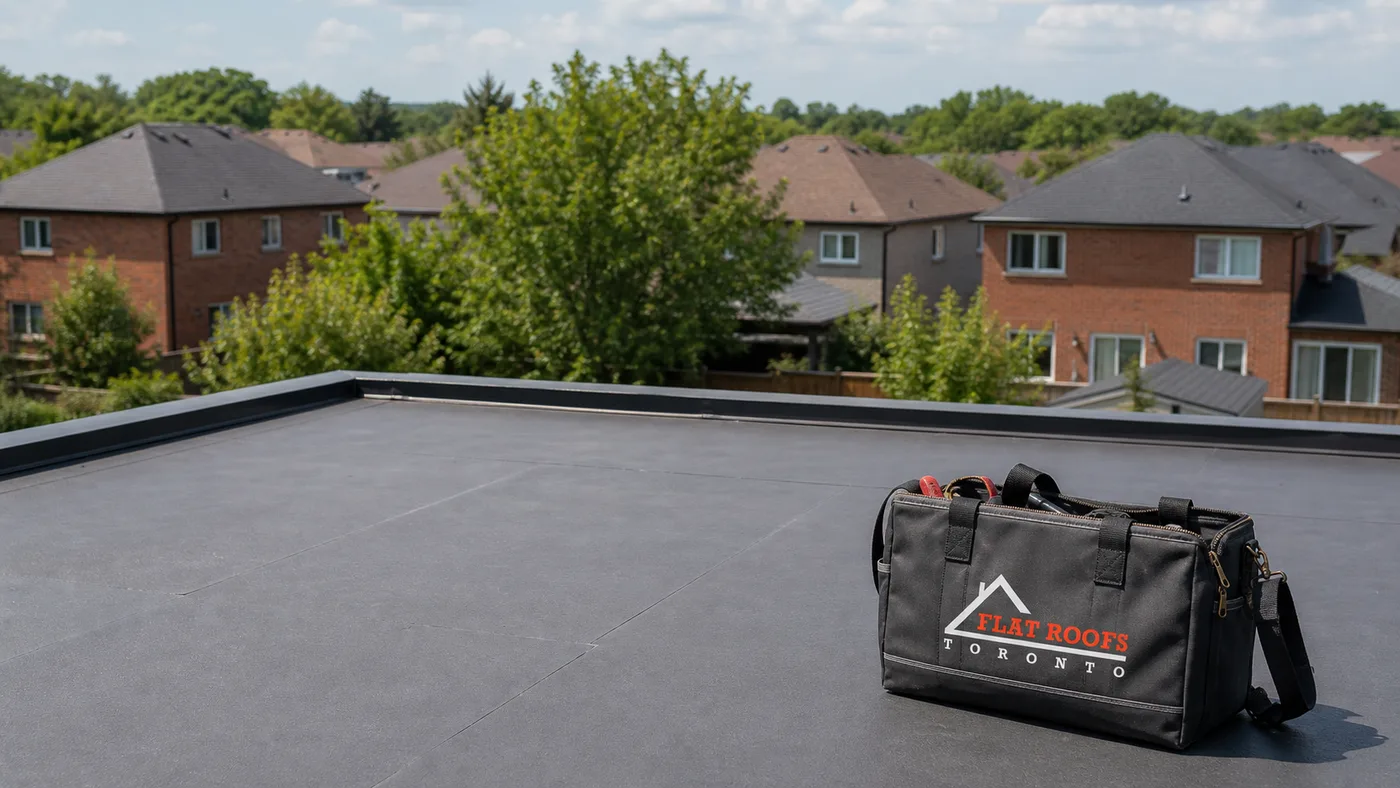 Flat roofing Peel Region view of a low-slope membrane roof on a suburban Mississauga home in summer