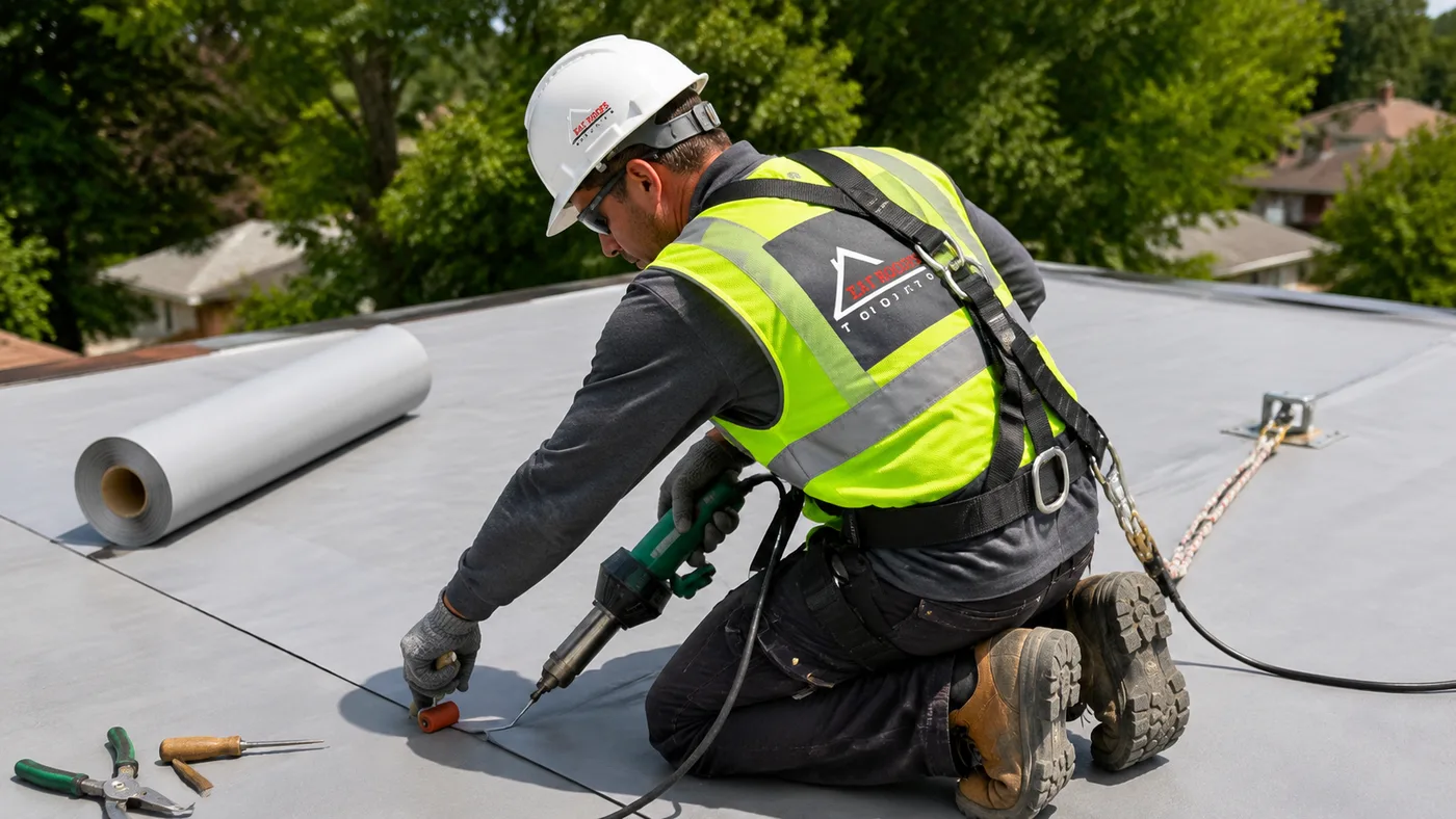 Roofer in full safety gear welding a flat roofing Peel Region membrane seam on a suburban low-slope roof