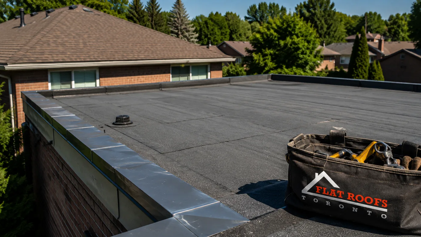 Low-slope flat roof section on a Mississauga home showing membrane seams in need of flat roof repair