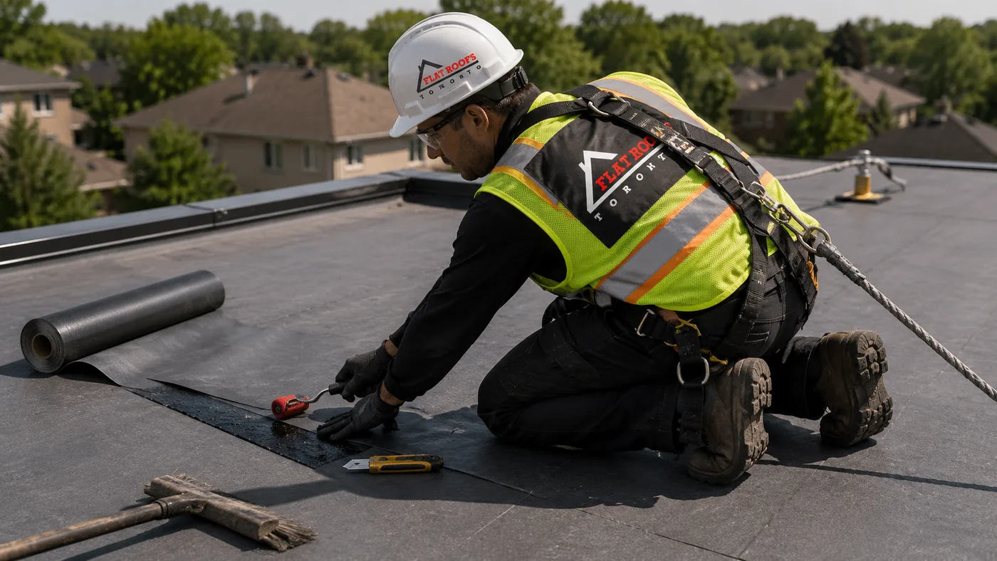 Roofing technician carrying out flat roof repair on a Mississauga home low-slope membrane in summer