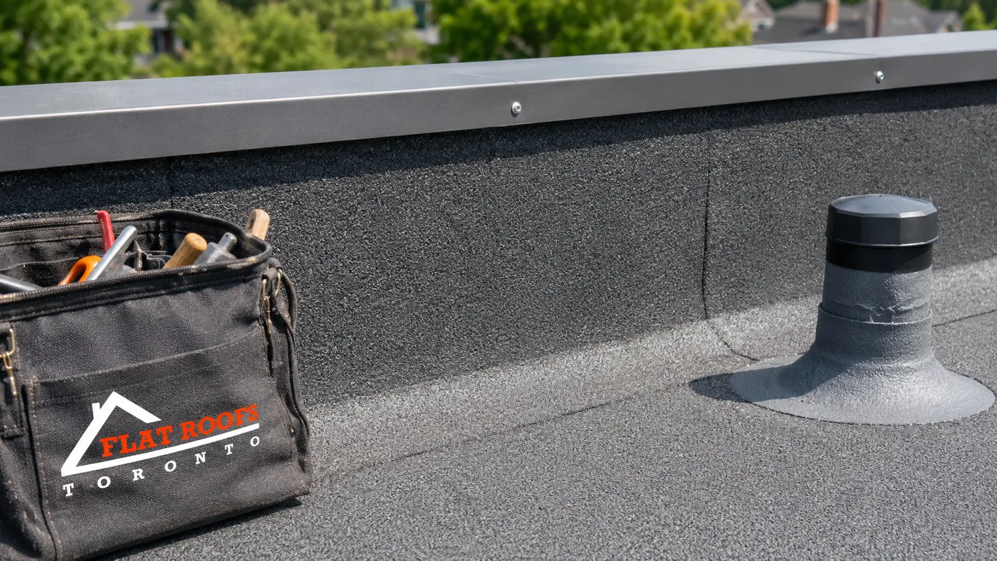 Close detail of flat roofing membrane seam and parapet flashing on a Brampton residential low-slope roof
