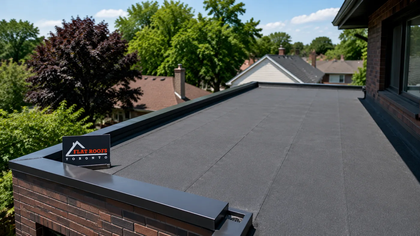 Modern low-slope flat roofing on a Brampton suburban home with membrane surface and roof drainage