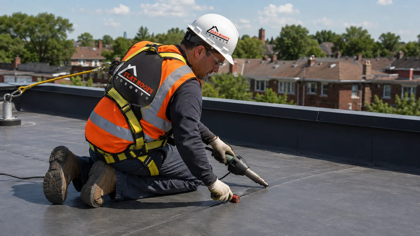Roofer in full safety gear installing flat roofing membrane on a Brampton home low-slope roof deck
